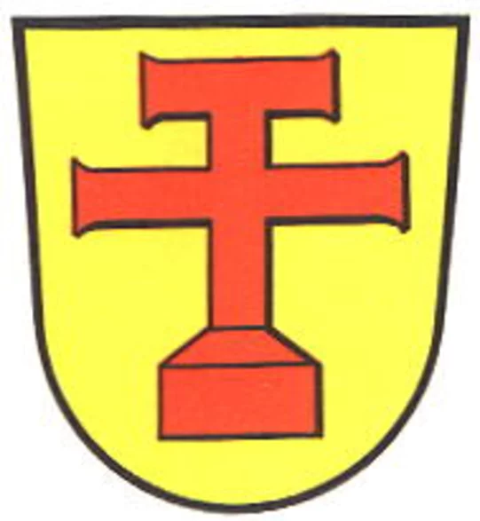 Gelbes Wappen mit rotem Kreuzsymbol.