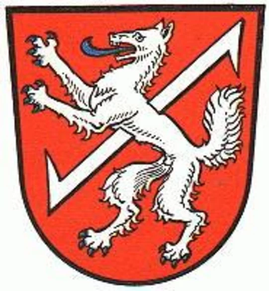 Rotes Wappen mit einem weißen steigenden Wolf und Wolfsangel.