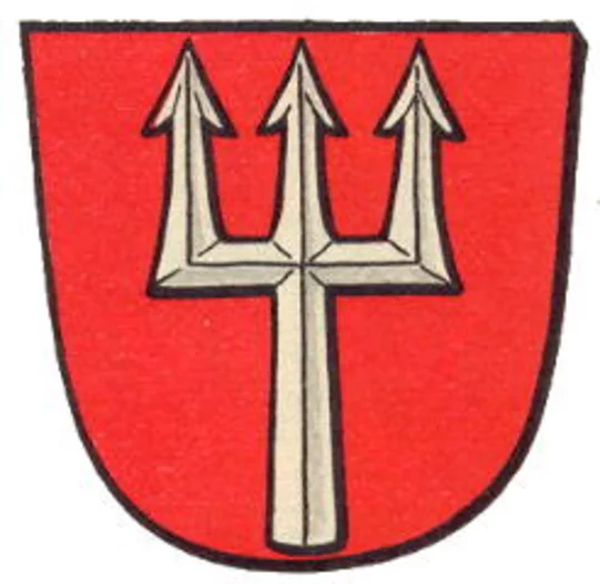 Rotes Wappen mit aufrecht stehendem Dreizack.